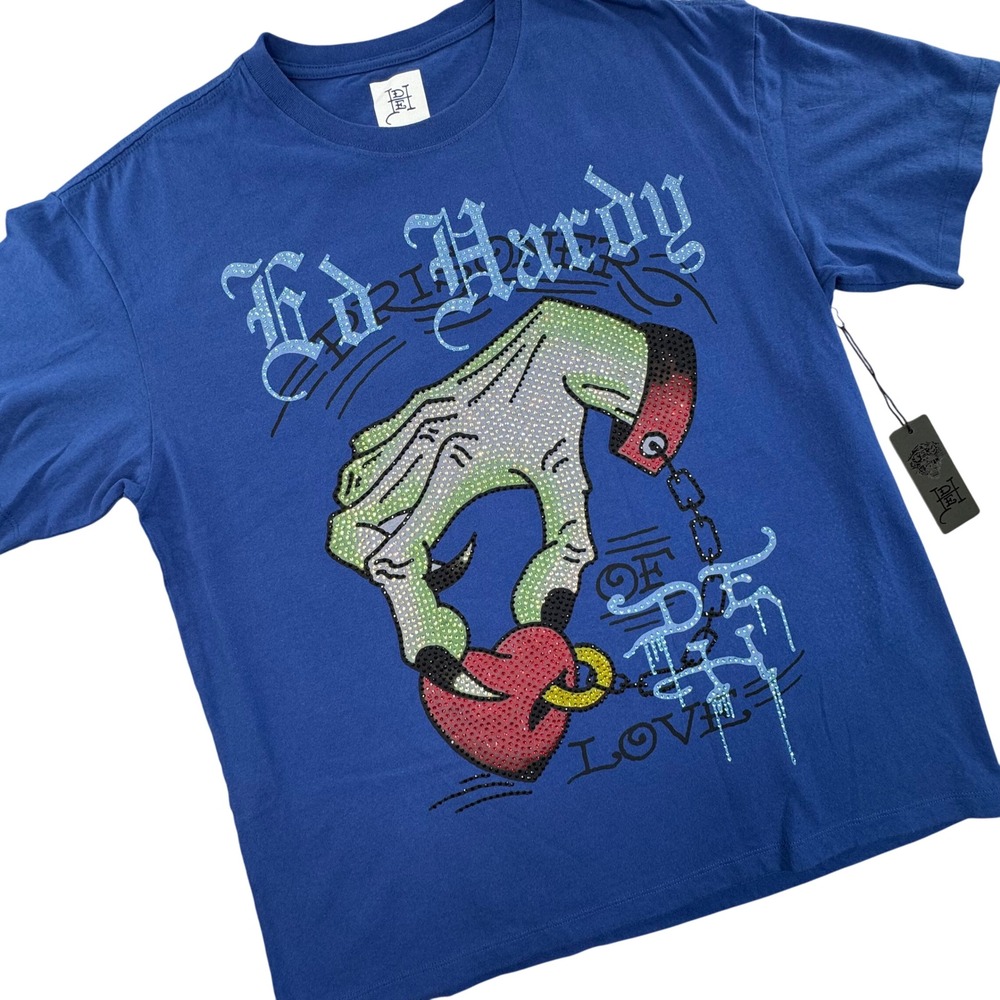 Ed Hardy Mens Blue Death of Love Rhinestone Zombie Hand Graphic T-Shirt L NEW
